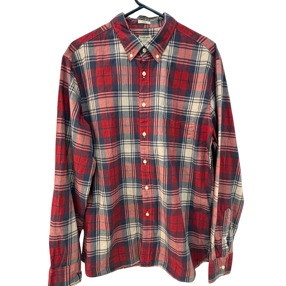 J.Crew Mens Slim Fit Plaid Button Down Shirt Large Red Navy Blue Cotton L
